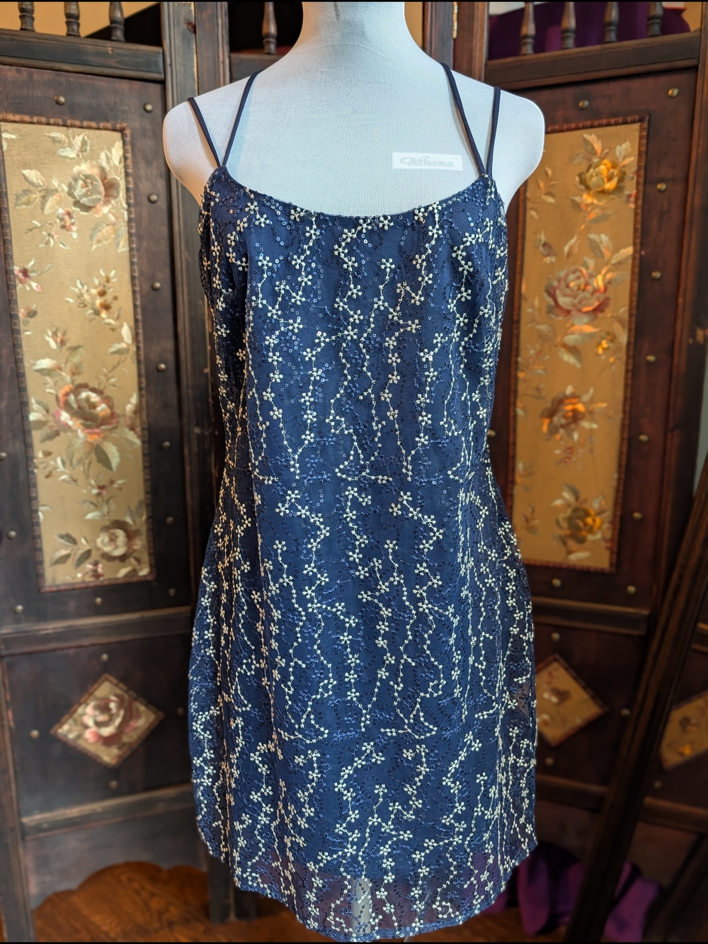 bebe Navy Blue Floral Lace Slip Dress
